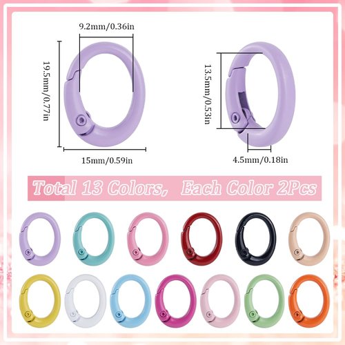 SUNNYCLUE 1 Box 26Pcs 13 Colors Spring Gate Rings Oval Ring Clip Bulk Metal Alloy Colorful Round Carabiner O Keychain Key Ring Snap Clips Buckle for Keys Bags Purses Handbag DIY Crafts Accessories