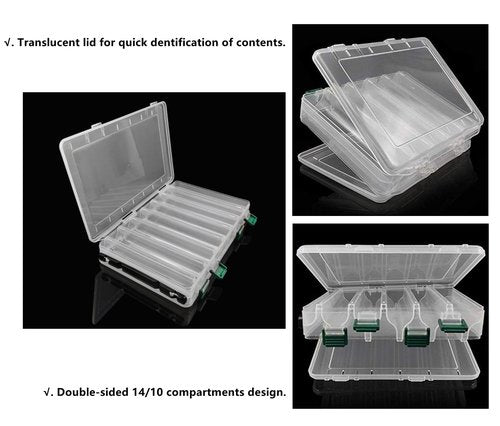 Double-Sided Fishing Lure Hook Tackle Box Visible Hard Plastic Clear Fishing Lure Bait Squid Jig Minnows Hooks Accessory Storage Case Container (Clear-14 Slots 2Pcs)