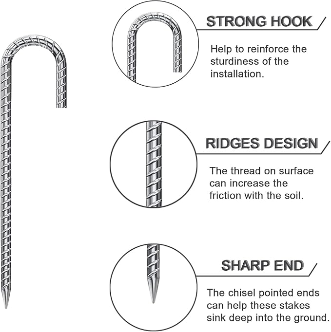 Rebar Stakes 12 Inch 32 Pack Tent Stakes Heavy Duty Metal J Hook, Fence Stakes for Trampoline, Fence, Camping Tent (32, 12")