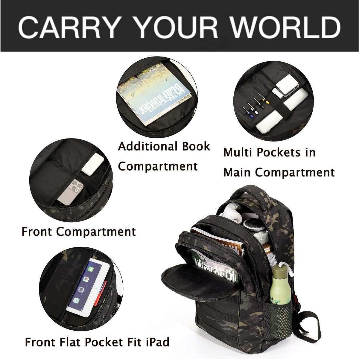 outdoor plus Camo Backpack,Military Boys Backpacks for School,40L Army Bookbag with USB Charging Port Waterproof
