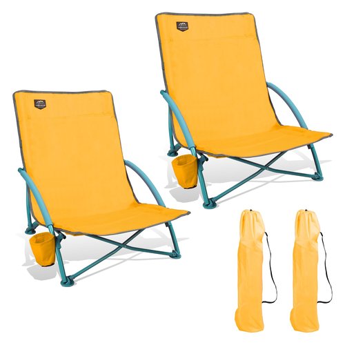 LANMOUNTAIN 2 Pack Low Beach Chair,Folding Recliner Camping Chair for Adults,Lightweight Backpacking Low Seat Camping Chairs with Cup Holder, Carry Bag for Outdoor Camp Lawn Picnic Festival,Yellow
