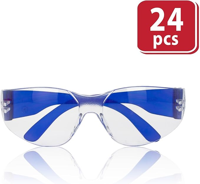 BISON LIFE Clear Lens Color Temple Safety Glasses | One Size, Adult, Youth, Clear Protective Polycarbonate Lens Color Temple, Blue, 24 PAIRS