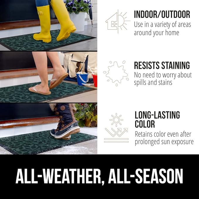 GORILLA GRIP 100% Waterproof All-Season WeatherMax Doormat, 47x35, Durable Natural Rubber, Stain and Fade Resistant, Low Profile, Indoor Outdoor Door Mats, Easy Clean Entry Mat, Moss Vine Leaves
