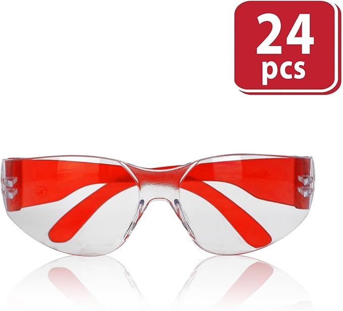 BISON LIFE Clear Lens Color Temple Safety Glasses | One Size, Adult, Youth, Clear Protective Polycarbonate Lens Color Temple, Red, 24 PAIRS