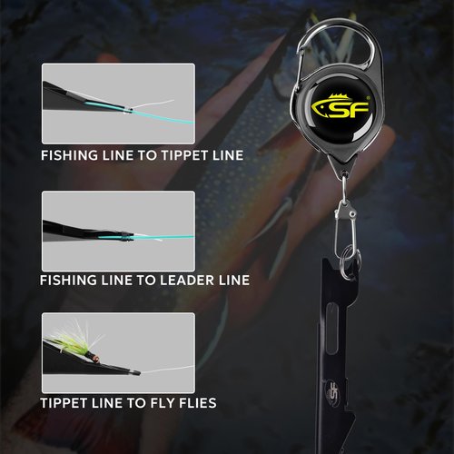 SF 2 in 1 Fishing Line Knot Tyer Quick Knot Tying Tool with Steel Cord Zinger Retractor Fly Fishing Anglers Tool Fly Fishing Angler Accessories Black