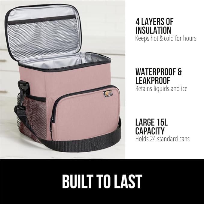 GORILLA GRIP Reusable Insulated Lunch Box Bag for Women Men,15L, Leakproof XL Soft Cooler Bags, Multiple Compartments, Mesh Pockets and Adjustable Strap, Food Tote Keeps Drinks Cold, 13x9, Pink