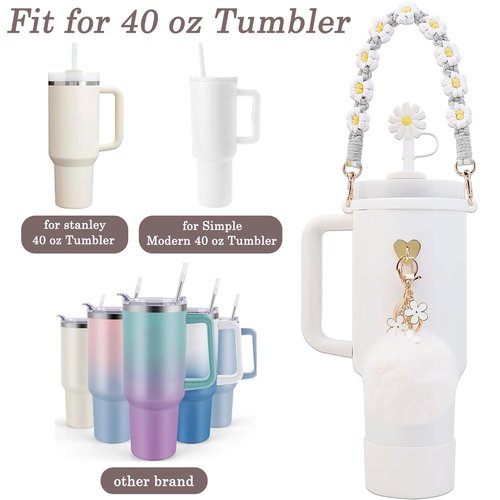 Cup Accessories for Stanley 30oz 40oz Tumbler with Handle - Water Bottle Handle Strap,Siliocne Cup Boot,Personality Pearl Keychain Charms Set,Straw Topper Cover Cap for Stanley