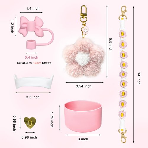 with Stanley Cup Accessories including Cute Pom-pom Stanley Charms, Water Bottle Handle Strap, Silicone Boot, and 0.4" Straw Cover for 30oz 40oz Tumbler Accessories, Pink