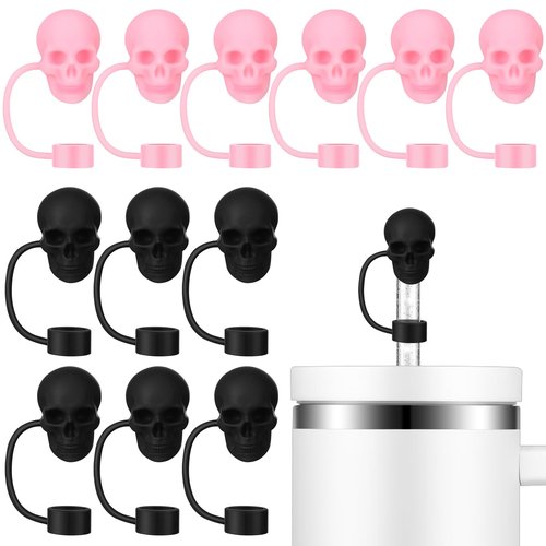 Yoande 12 Pcs Halloween Skull Straw Topper Compatible with Stanley Cup Accessories 30 40 oz 10 mm Silicone Straw Cover Cap Reusable for Halloween Cup Accessories Decoration Gift(Black, Pink)