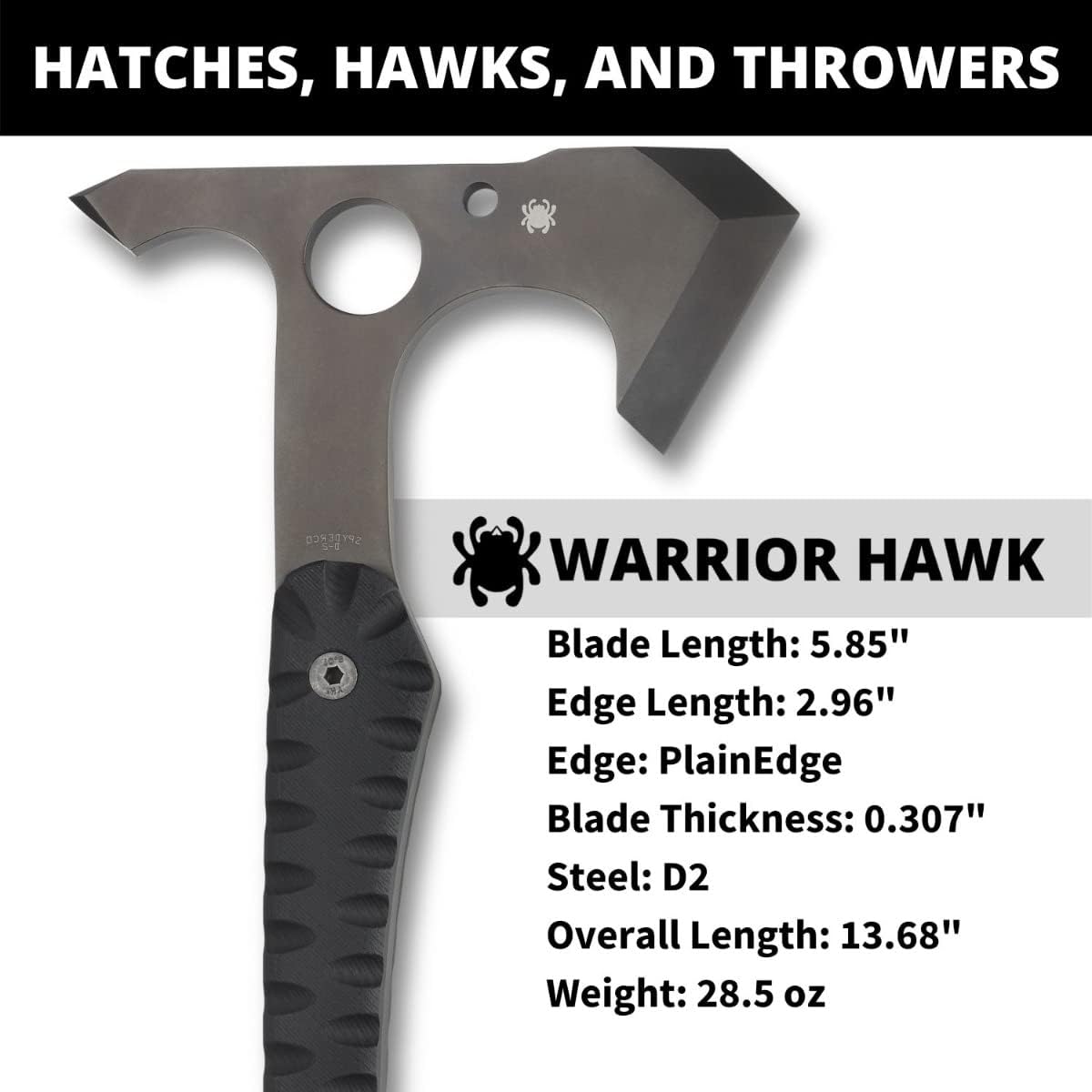 Spyderco Warrior Hawk Utility Tomahawk with Tough D2 Steel Head and 13.68" G-10 Scaled Handle - Includes Custom-Molded Boltaron Sheath and Padded Zipper Pouch - H03