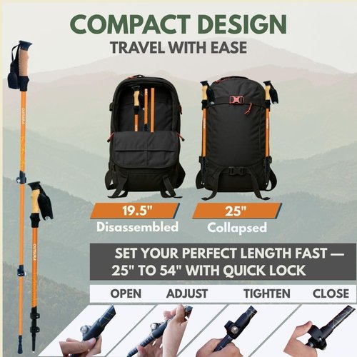 Outsura Aluminium Trekking Poles for Hiking w/Cork Grip & Quick Lock - Lightweight Collapsible Hiking Sticks for Backpacking - Folding Walking Sticks for Seniors Men & Women - One Pair (Orange)