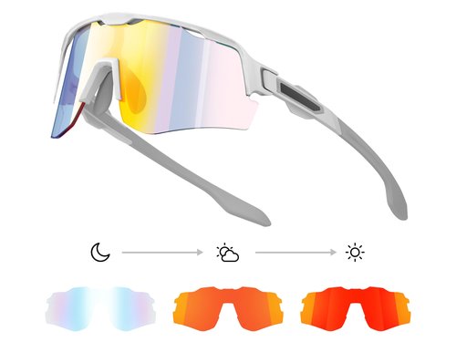 VIKISOIO Photochromic Cycling Glasses Sports Sunglasses for Men Women, UV Protection, Mountain Bike MTB Bicycle Riding (White Frame - Red Len)