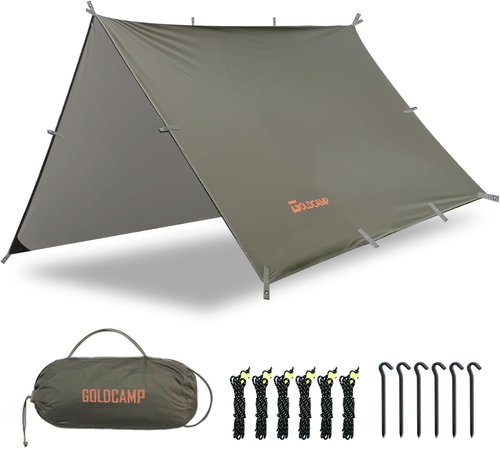 GOLDCAMP Waterproof Camping Tarp，70D Nylon 10X10FT Hammock Rain Fly ，UV 50+ and PU15000mm Tent Tarp Shelter Canopy，Heavy Duty Multifunctional Sun Shade or Rain Fly Essentials for Hiking Backpacking