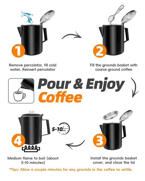 MEREZA Coffee Percolator Stovetop Camping Coffee Pot Stainless Steel 9 CUP Camping Coffee Maker Outdoor Home NO Aluminum or Plastic Black