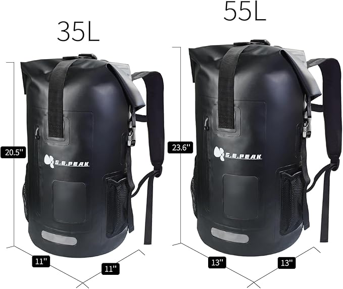 SEPEAK 35L Waterproof Marine Dry Bag, Roll Top Backpack, Heavy Duty Dry Sack for Kayaking, Boating,Swimming,Diving,Surfing,Rafting,Fishing,Camping,Hiking,with Reflective Strip,Black