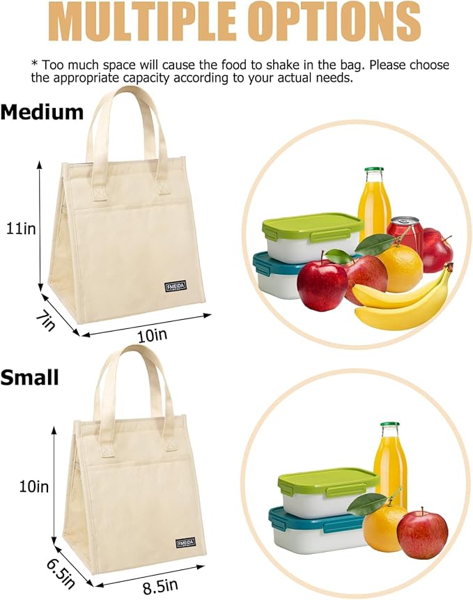 Fmeida Insulated Lunch Bag Women, Simple Lunch Tote Bags, Waterproof Thermal Cooler Lunch Bag, Reusable Adult Lunch Box Bag for Women | Small Beige, Front&Side&Interior Pockets
