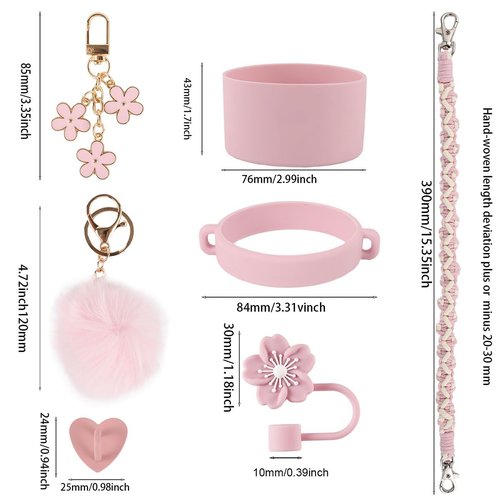 AAUP Cup Accessories Set, Includes Water Bottle Holder,Straw Cover,Silicone Boot,Pompom Ball,Daisy key-chain, Compatible with Stanley Cup16oz 24oz and 40oz (Flower pink)