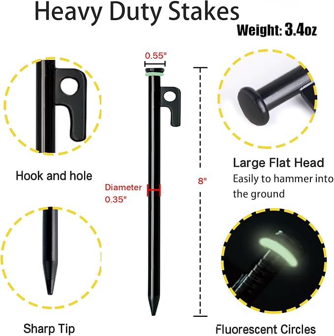 12 Pack Tent Stake with Hammer, 8in Heavy Duty Tent Stakes + 10in Camping Hammer+Storage Pouch, Forged Steel Tent Stakes for Camping Used on Rocks（12 Pack 8in Tent Stakes+Hammer）