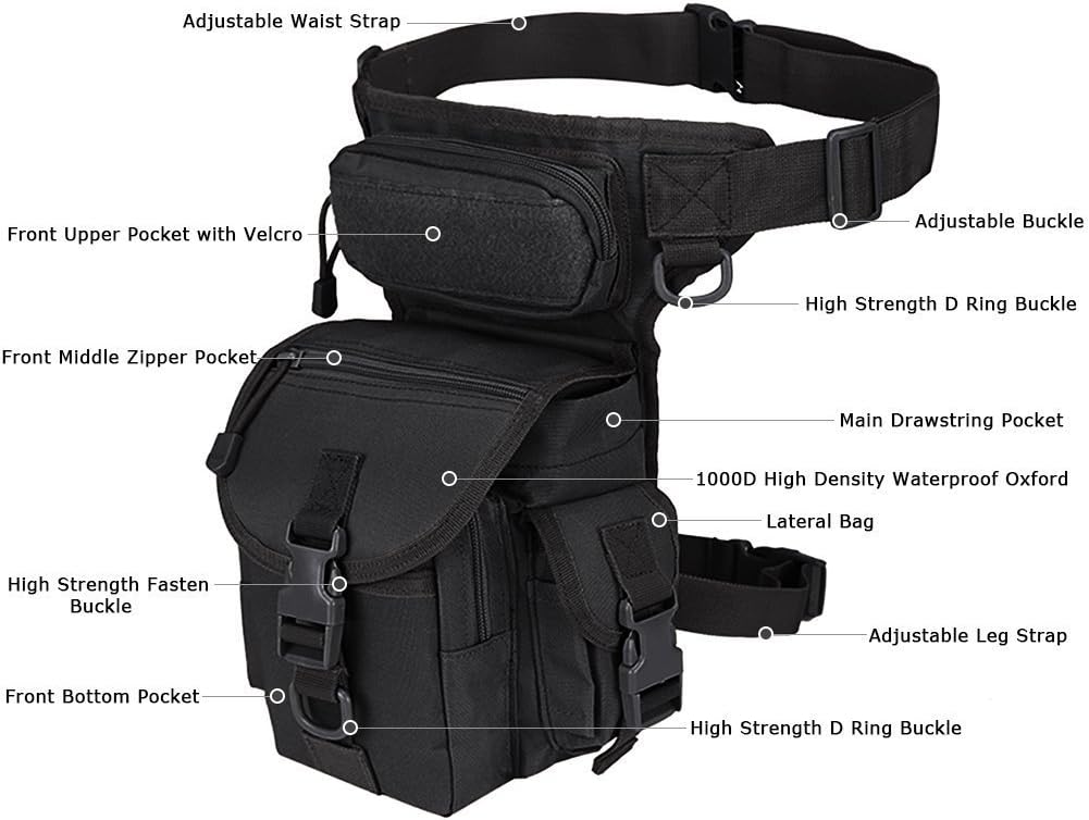 Multi-Purpose Drop Leg Pouch for Men Tactical Thigh Bag Motorcycle Leg Bag for Men Waist Pack for Military Cycling Hiking Hunting Riding Camping, Black