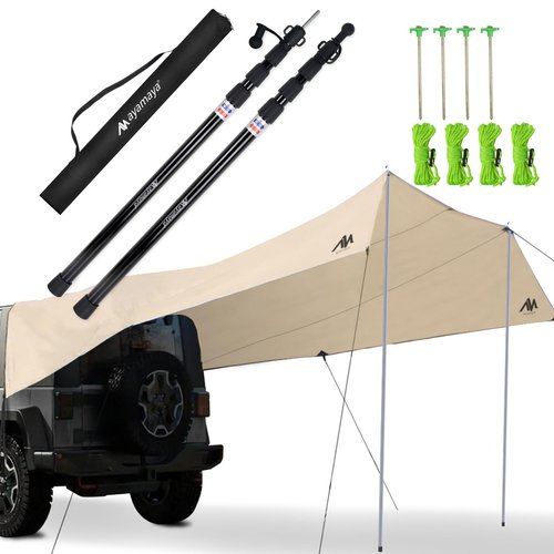 Car Tailgate Tarp & Tarp Poles, AYAMAYA 14 x 16 FT Extra Large Car Tent Tarp, Telescoping Camping Tent Poles Replacement