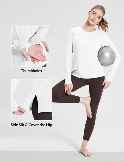 baleaf Women's Long Sleeve Workout Tops Loose Athletic Shirts Crew Neck Yoga Top Running Hiking Raglan Tee SPF White XS