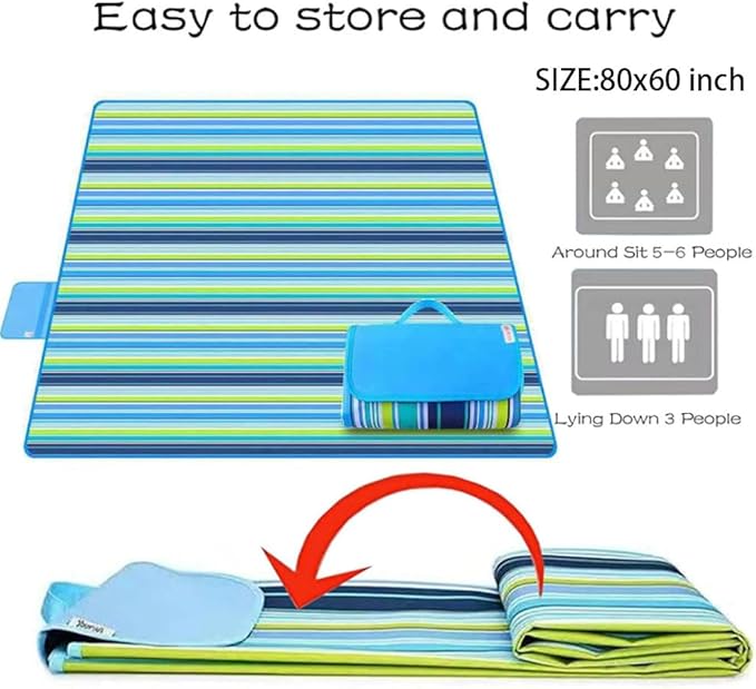 K Y KANGYUN Beach Blanket Outdoor Picnic Blankets Mat 80"x60" Extra Large Waterproof Sand Proof Camping Blanket Lightweight Folding Portable Travel Blanket for Family Park Beach Grass (Blue Line)