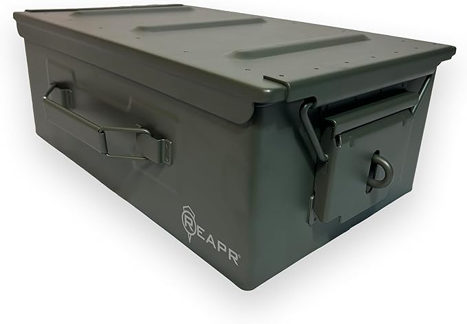 Reapr Steel Ammo Can, Heavy Duty Locking Metal Ammo Storage Box, Airtight and Watertight 30 Cal or 50 Cal Case for Rifle, Shotgun, Pistol, Military Footlocker Style Tool and Gear Organizer