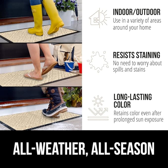 GORILLA GRIP 100% Waterproof All-Season WeatherMax Doormat, 23x35, Durable Natural Rubber, Stain and Fade Resistant, Low Profile, Indoor Outdoor Door Mats, Easy Clean Patio Entrance Mat, Modern Latte