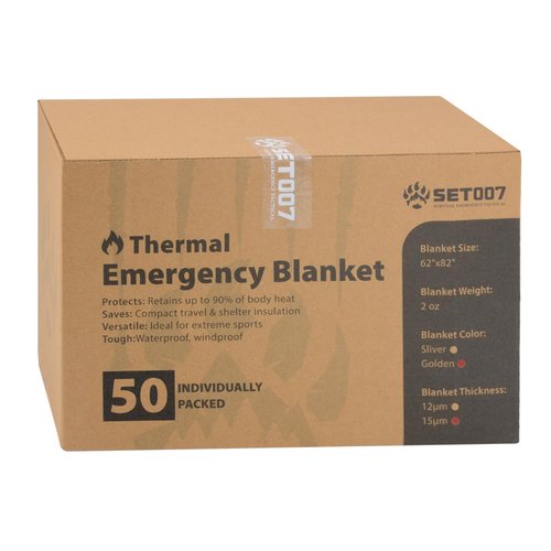 SET007 50 Pack Emergency Mylar Thermal Blankets - 82"x62" Waterproof Heat Reflective Blankets, Bulk Rescue Blanket for Survival, Camping, Marathons, Bug Out Bag, First Aid, Golden