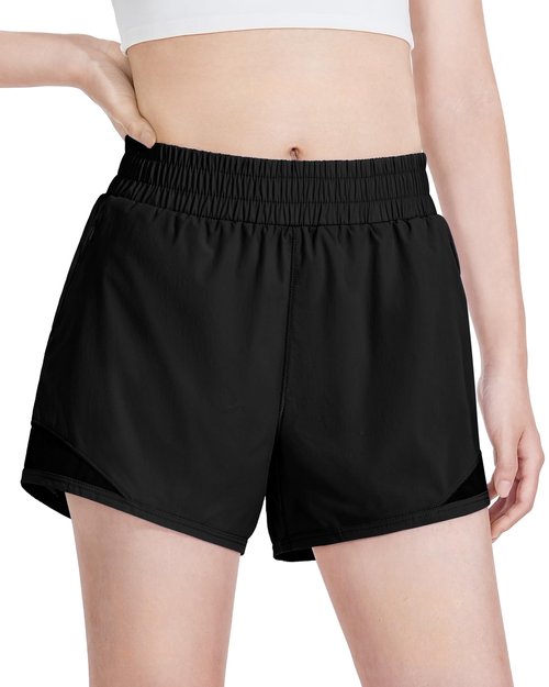 Auranso Girls Athletic Shorts Quick Dry Running Shorts with Mesh Liner and Zip Pockets Black 11-12 Years