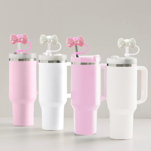 SEMATA 2PCS Cute Bow Straw Cover Cap for Stanley Cup Accessories,Bling Crystals Straw Toppers for Stanley Tumbler 40&30 oz,Rhinestone Reusable Straws Tips Protectors Compatible with 10mm Straws