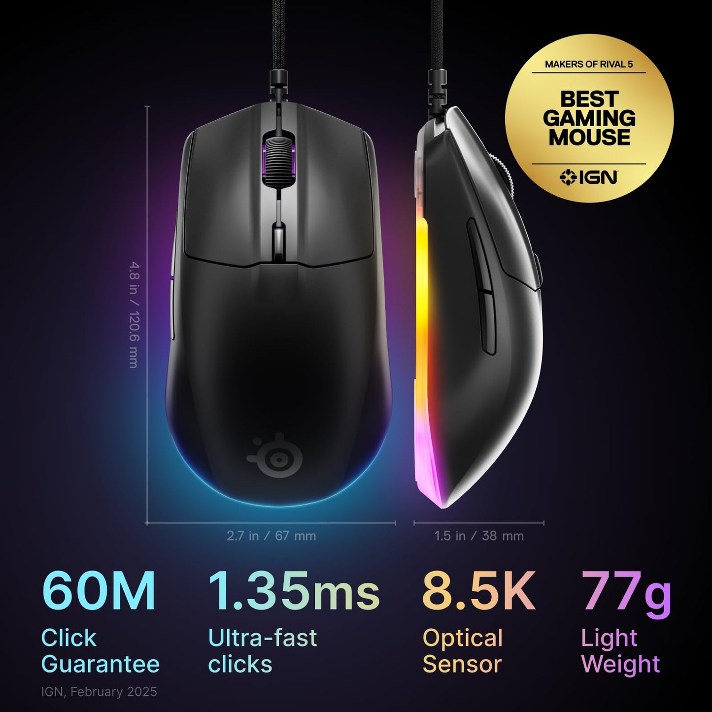SteelSeries Rival 3 Wireless Gen 2 Gaming Mouse — 2.4GHz and Bluetooth — 18000 DPI TrueMove Air Optical Sensor — 60 Million Click Durability — Light-Weight — 100% PTFE Feet — Black