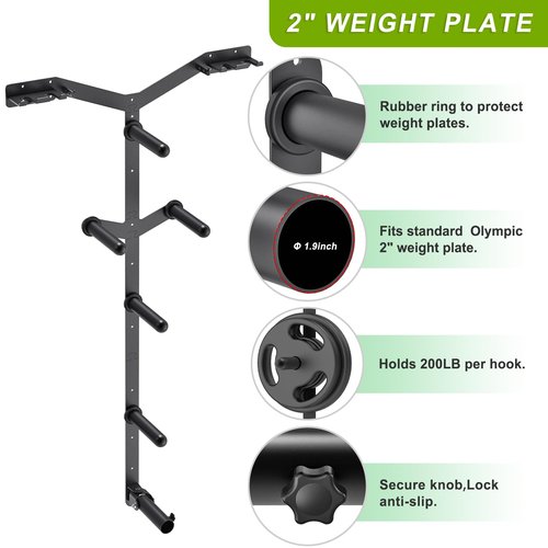 Lifeswell Wall Mounted Weight Plate Rack, Heavy Duty Olympic Barbell Holder & T Bar Row Landmine Attachment, 6 Hook Holes, 5 Pegs & 4 Barbell Storage, Space-Saving Home Gym Organizer