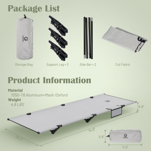 G2 GO2GETHER Foldable Camping Cot, Durable Travel Tent Cot, Ultralight for Backpacking, Comes with Storage Bag(Black/Green/Brown) (Grey)