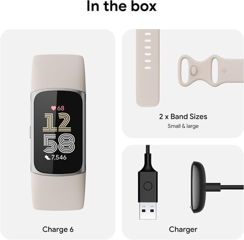 Fitbit Charge 6 Fitness Tracker Smartwatch with Heart Rate, GPS, Health Tools - Fit Bit Smart Watch for Men and Women - Porcelain/Silver Bundle with Cleaning Cloth and Charger