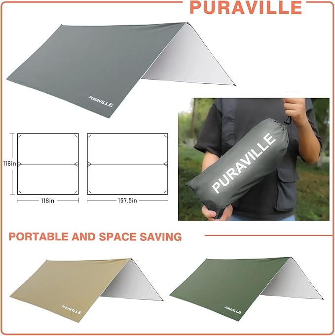 Puraville Rain Fly Camping Tarp 3000mm+ Ultra Waterproof Resistant Sun Shade Lightweight Hammock Tent Tarp with Multifunctional Camping Accessories (12X10 ft Grey)