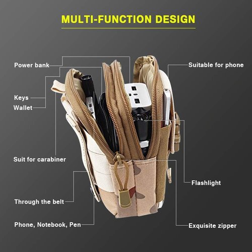 Molle Pouches, Waist EDC Pouch, Small Tool Bags, Cell Phone Zipper Pouch for Men, Belt Bag Tactical Gear Accessories with Carabiner (Black)