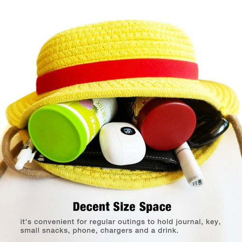 shiningsoul 3-in-1 Anime Pirate Captain Hat Cotton Rope Backpack + Strawhat Key Case + Enamel Pin - Anime Cosplay Daypack, Great Gift for OP Fans