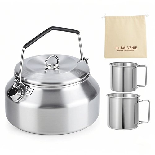 3PCS Camping Kettle Outdoor Campfire Camp Kettle Set with 2 Cups, 1L Stainless Steel camping tea kettle Coffee Pot, Portable Lightweight Teapot, Ideal for Hiking Picnic Travel, Silver