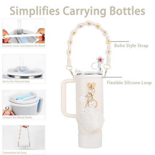 Lapoo Stanley Cup Accessories 7 Sets - Woven Water Bottle Handle Strap, Silicone Stanley Cup Boot, Cat Claw Stanley Straw Cover, Stanley Charms - Ideal for Stanley Cup 40oz & 30oz Tumbler (White)