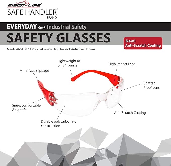 BISON LIFE Clear Lens Color Temple Safety Glasses | One Size, Adult, Youth, Clear Protective Polycarbonate Lens Color Temple, Red, 24 PAIRS