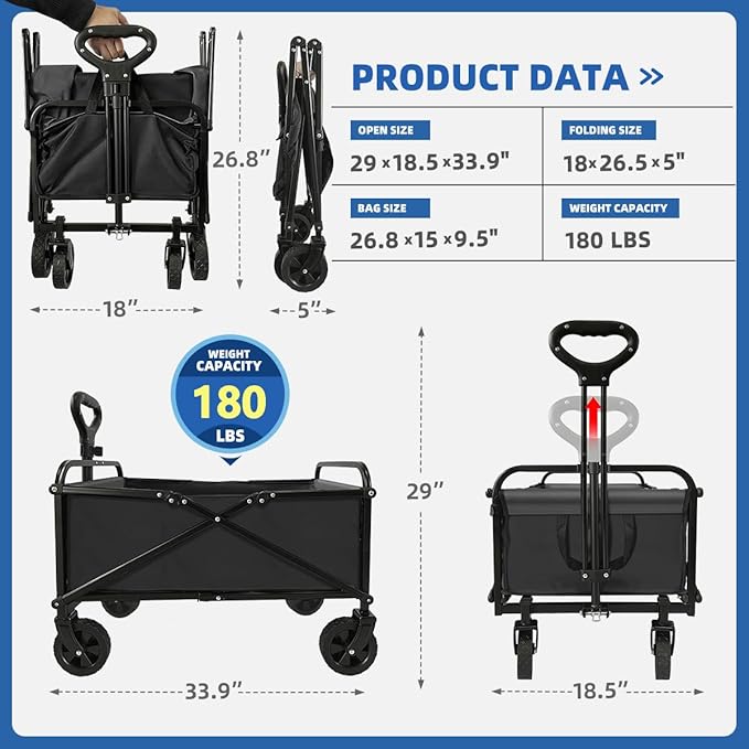 Collapsible Wagon Cart Heavy Duty Foldable, Large Capacity Foldable Grocery Beach Wagon for Camping Sports Shopping, Black