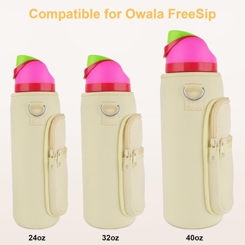 OriJoy Neoprene Water Bottle Carrier Bag Holder with Phone Pocket Compatible with Owala FreeSip 24/32/40 OZ, Tumbler Cup Accessories with Adjustable Strap for Phone Card Keys (Cream, 40 OZ)