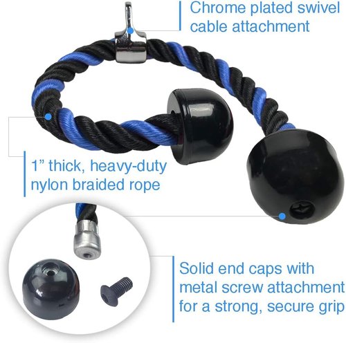 Blue Tricep Rope Pull Down & Poster Set | 27 or 36 Inch Heavy Duty Nylon Rope, Chrome Cable Attachment | Professional or Home Gyms | Includes Workout Poster, Snap Hook, Bag
