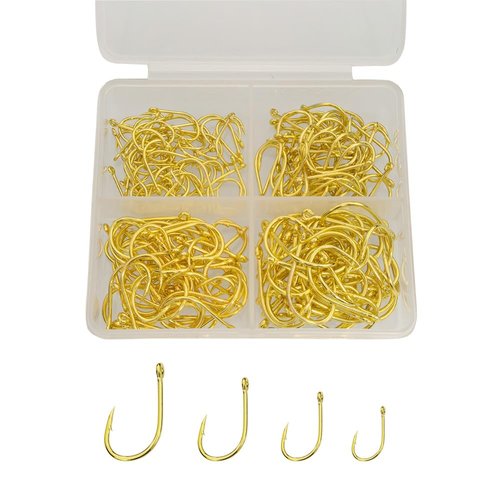 200pcs-300pcs Small Barbed Fishing Hooks Black High Carbon Fishing Hooks Set 6# 8# 10# 12# 14# 16# with Plastic Box (200pcs Gold)