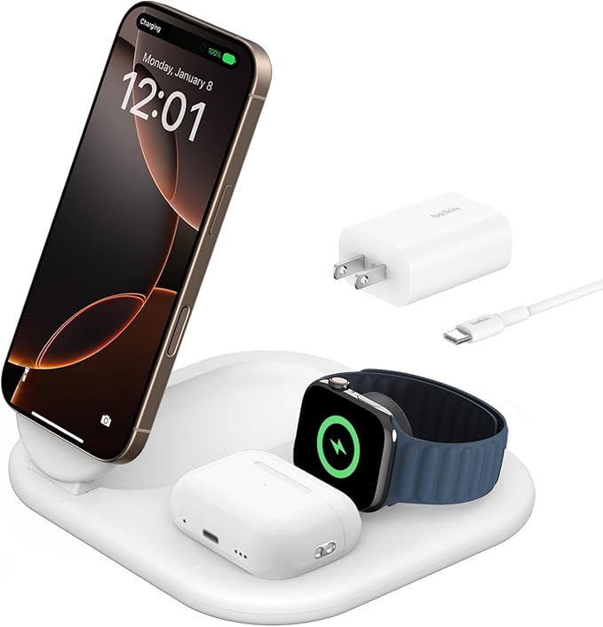 Belkin 3-in-1 MagSafe-Compatible iPhone Charger 15W, Foldable Magnetic Qi2-Certified Wireless Charging Station for iPhone 16, Apple Watch Series 10, AirPods 4, and More, w/Non-Slip Base & PSU - White