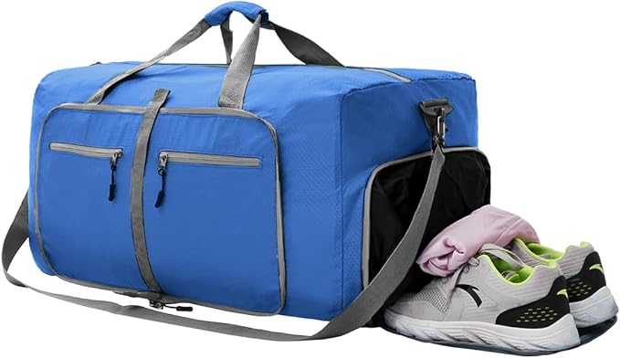 Dimayar Travel Duffle Bag for Men Women - Foldable Duffel Bag with Shoes Compartment - Overnight Bags Waterproof & Tear Resistant(40L,Navy Blue)