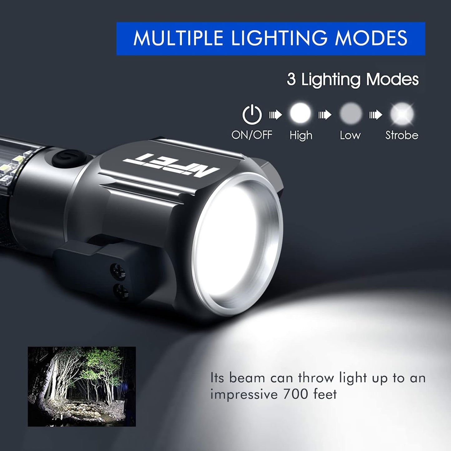 NPET T10 Car Flashlight 500 Lumens LED COB Light Solar Powered USB Rechargeable Tactical Multi-Function Torch Tool with 120dB Siren Window Breaker Seat Belt Cutter Compass for Camping