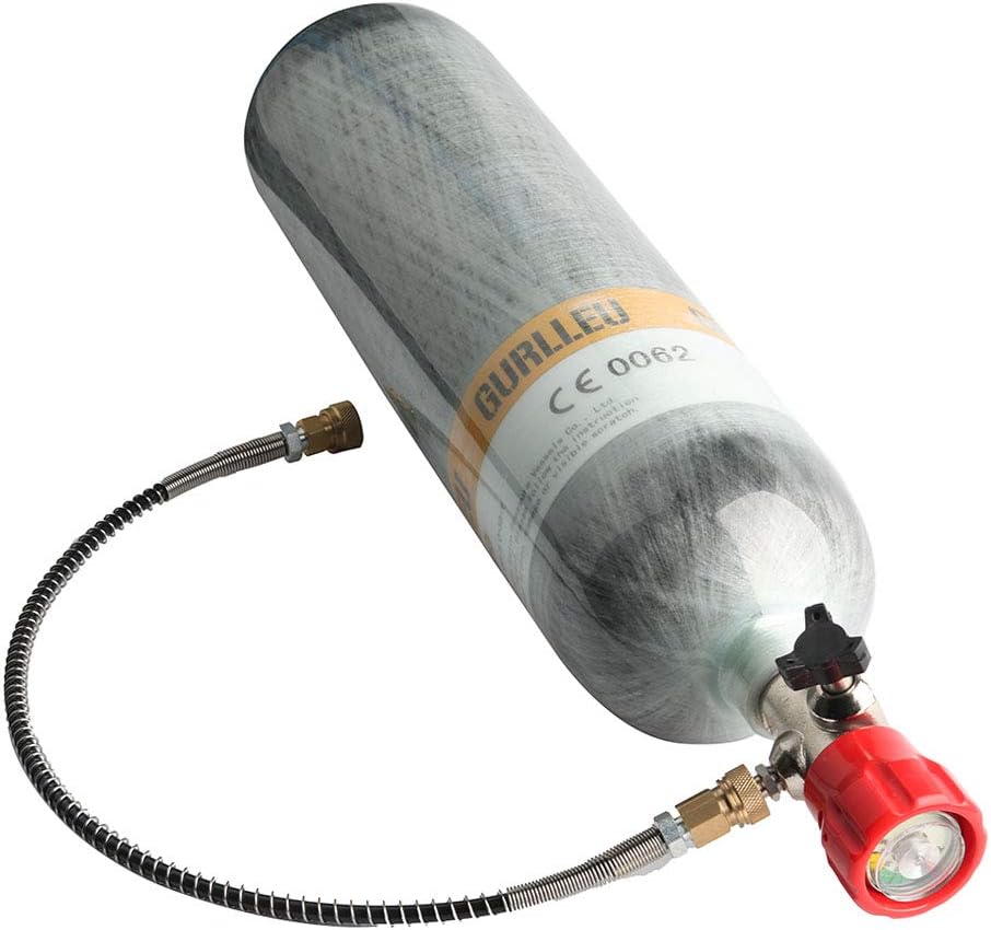 Paintball CO2 Tank Compressed Air DIN Valve Gauge & Fill Station, 300bar/4500psi High Pressure, 8mm Quick Disconnect Adapter, 24" Charging Hose for PCP Game (Top Gauge Valve)
