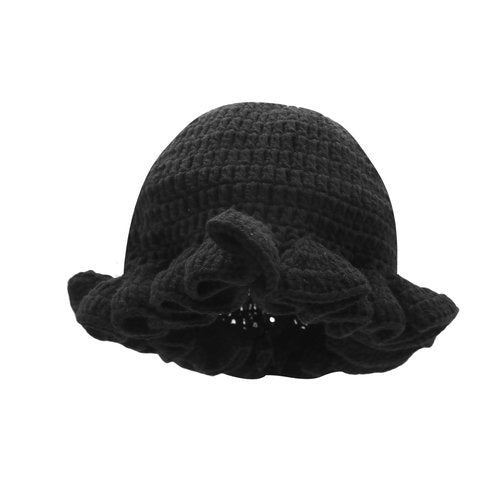 Eilova Orityle Women Crochet Bucket Hat Cute Winter Ruffled Brim Floppy Cap Handmade Knit Cloche Hats Cute Boho Beanie Skull Caps Black